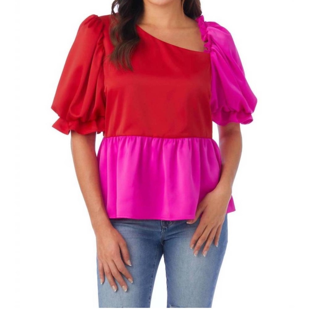 crosby. Colorblock Red and Hot Pink Puff Sleeve Blouse